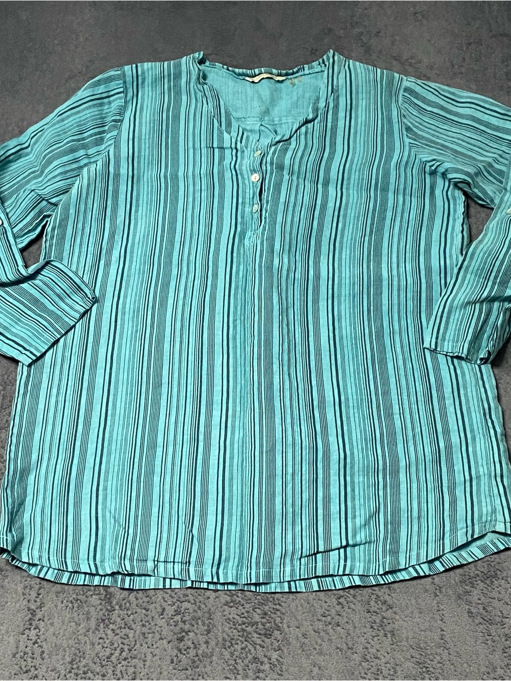 Soft Surroundings Simplicity Tunic Top Womens L Striped Roll Tab Sleeve Linen